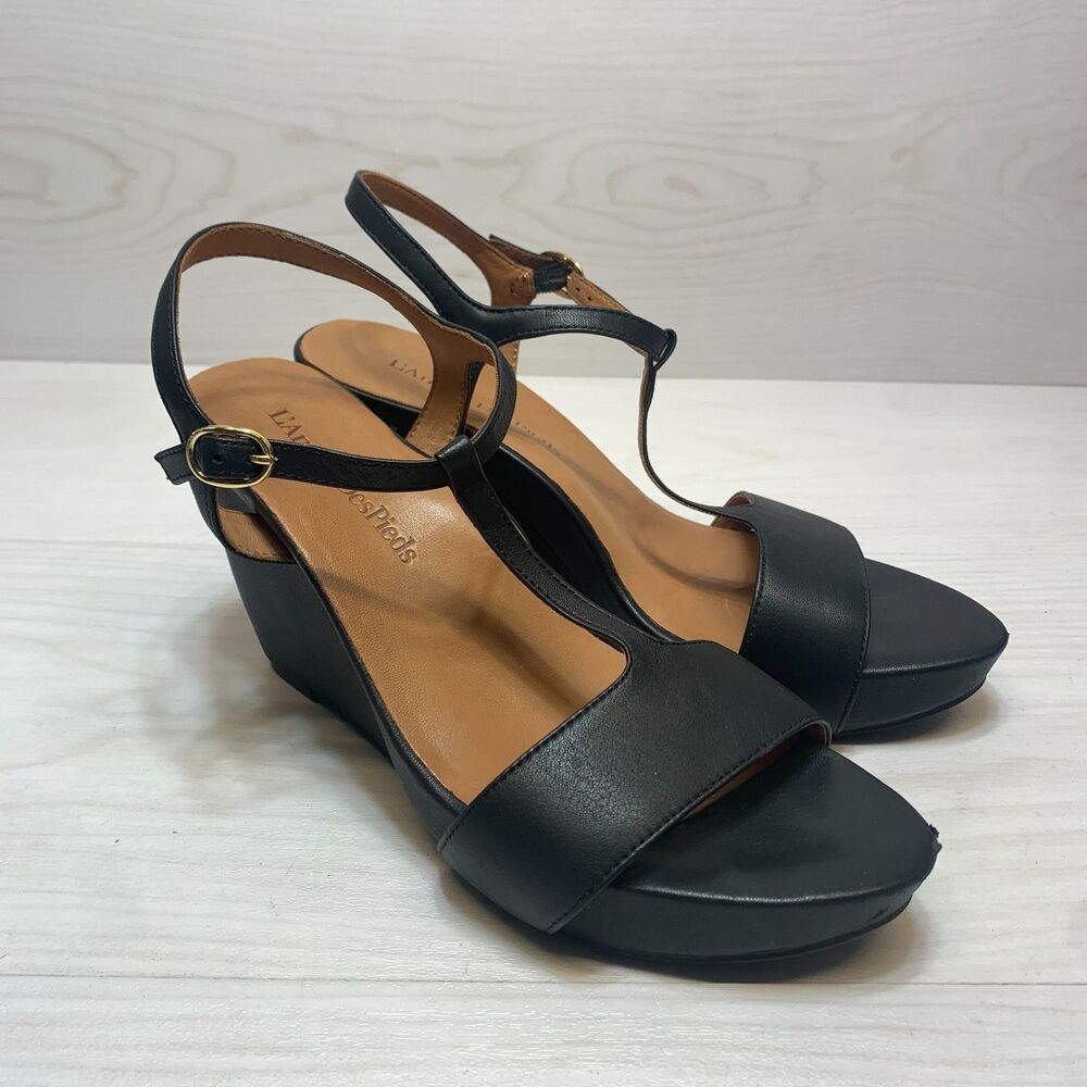 L'Amour Des‎ Pieds T-Strap Wedge Sandals Women's Size 9.5 Black Leather Idelle